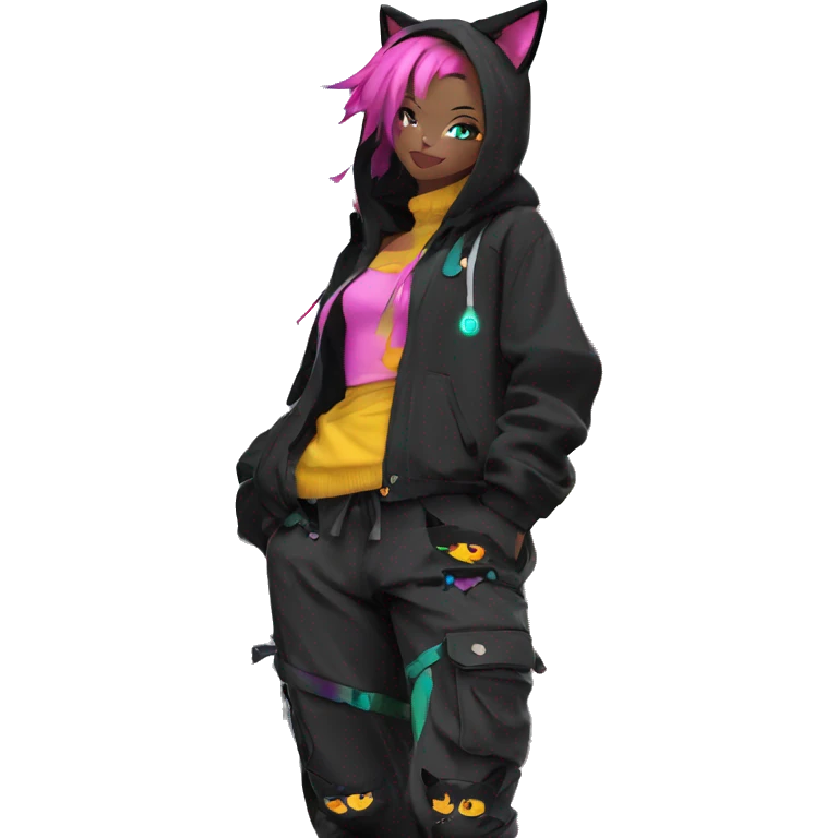 Edgy Anthro cool shy colorful urban beautiful pretty anime Black cat-Pokémon techwear cargo pants hoodie emoji