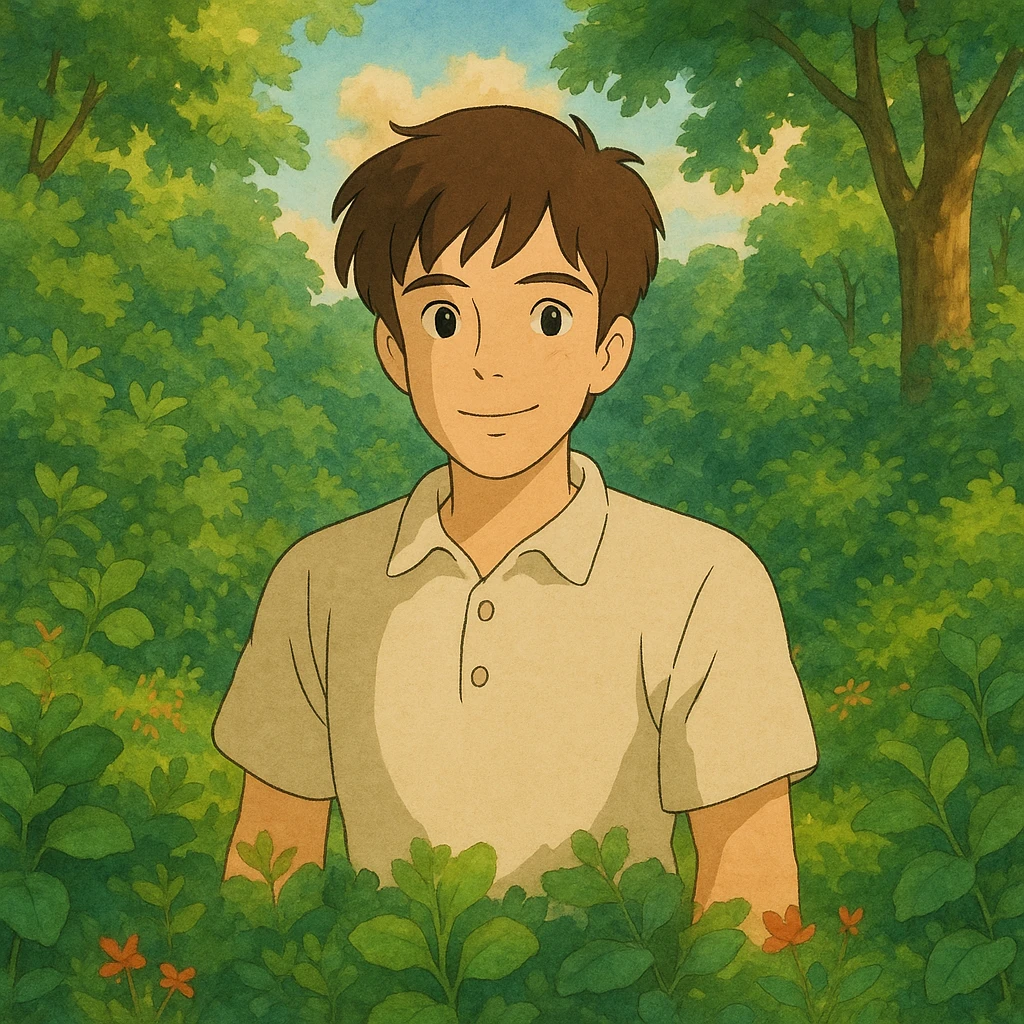 Tom, Ghibli-inspired, surrounded by nature, lush greenery, warm and inviting look emoji