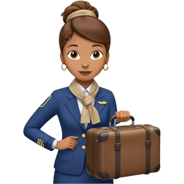 flight attendant, Light Brown skin, brown hair in single bun, neck scarf, suitcase emoji