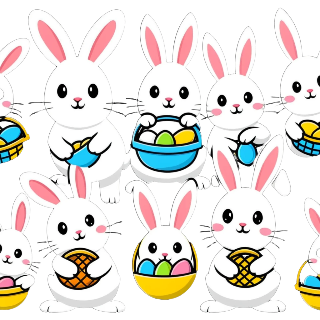 Group of Easter bunnies with Easter baskets full of eggs emoji