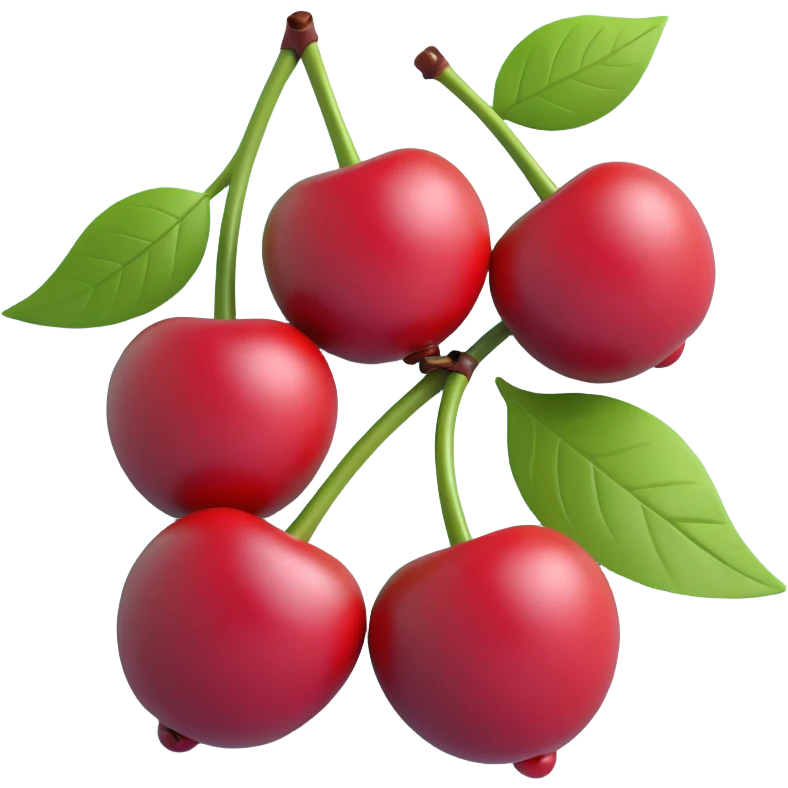 3d emoji of a cherry with two cherries and a leaf, matte red cherries with silver stems and dark green leaves, realistic texture and lighting emoji