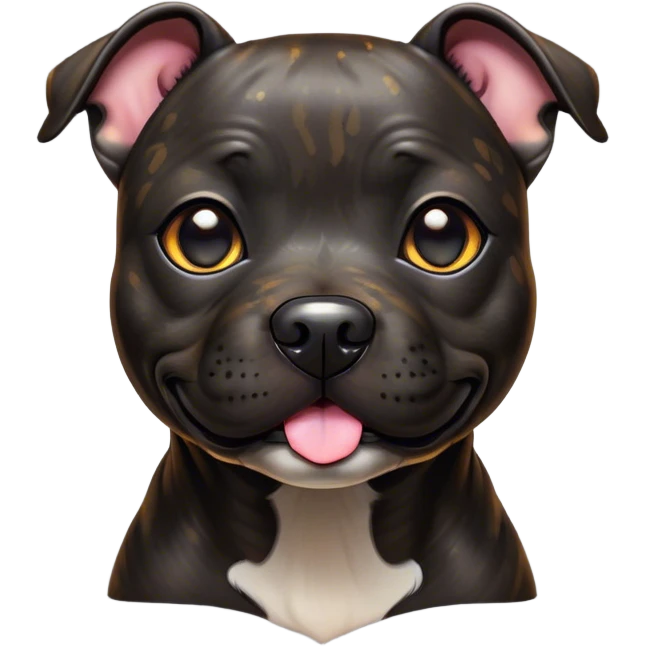 Cinematic Cute Black/Brindle Staffordshire Bull Terrier Portrait Emoji, Head tilted playfully and inquisitively, featuring a glossy Fur with a dynamic mix of black and brindle, round, sparkling dark eyes filled with curiosity, Simplified yet irresistibly adorable features, highly detailed, glowing with a warm, friendly glow, high shine, affectionate and spirited, stylized with a touch of whimsy, bright and endearing, soft glowing outline, capturing the essence of a mischievous yet loving pup, so playful it feels like it could bound out of the screen and into your arms! emoji