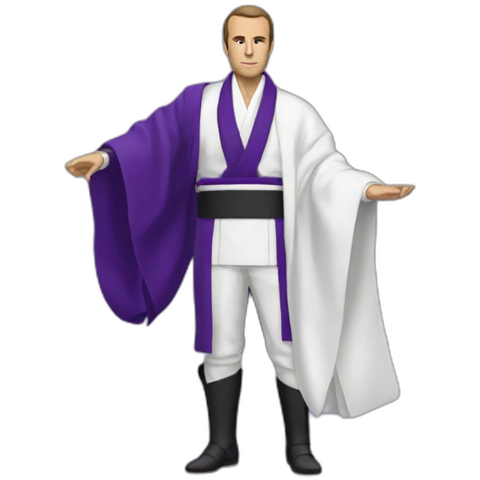 Macron avec kimono blanc de jbb et ceinture violette emoji