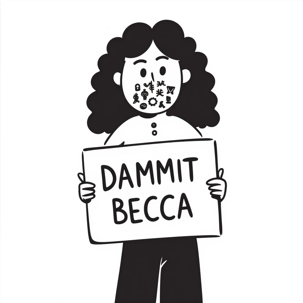 hand-drawn doodle of a face with symbols over the mouth, holding a protest sign that says 'Dammit Becca' emoji