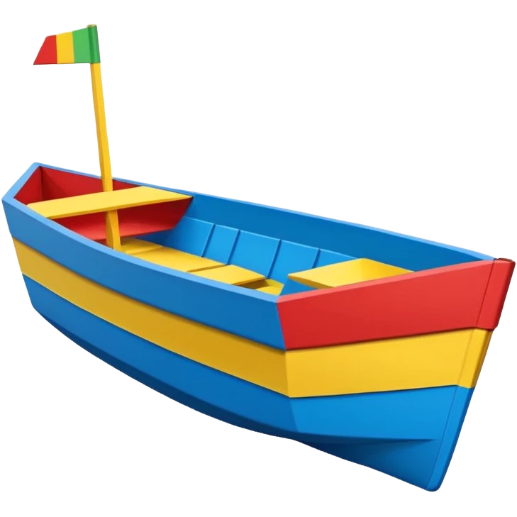 Child designed and operated Brightly painted Cardboard  boat with straight sides, very basic design pointed on one end, flat blunt square rear end  emoji