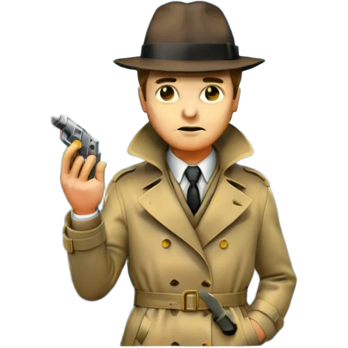 Vintage detective movie poster-style emoji. A classic noir scene with a detective in a trench coat and fedora,crime scene tape, and a smoking gun. A shadowy cityscape in the background with dim streetlights and fog. Dramatic lighting and a retro cinematic feel. Transparent background. emoji
