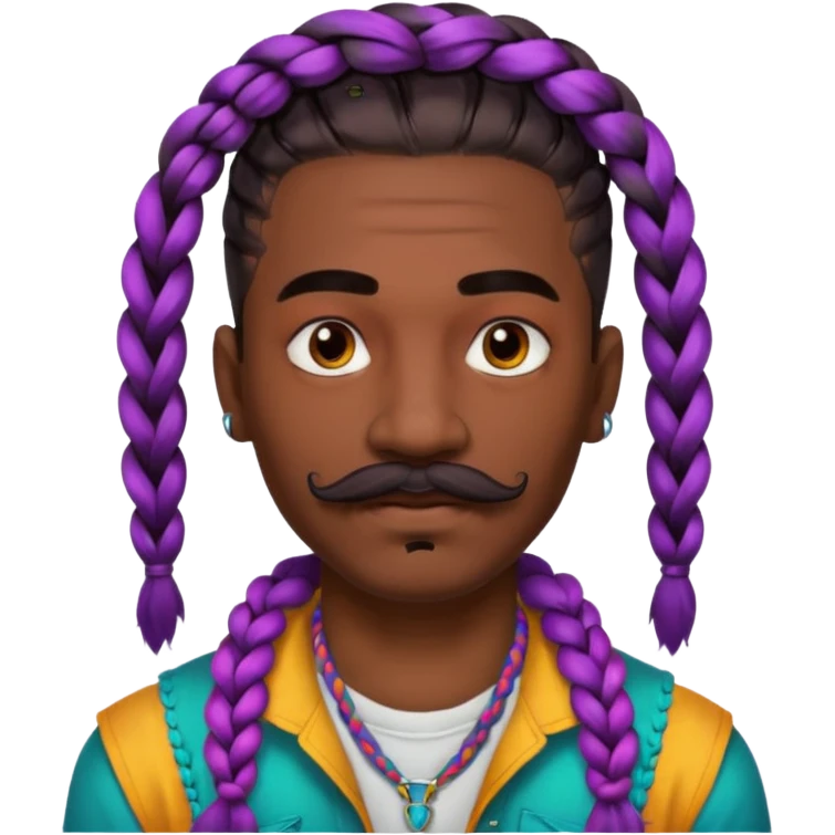 big lose braids starting from the top of the head man with mustache face wiith big visible braids and lots and lots of face tattoos colored tattoos like a tattoo artist hair unique color emoji