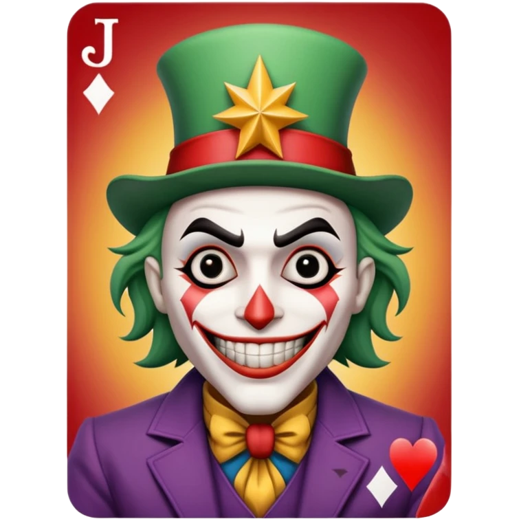 1 poker card, perfectly squared card, with crazy colorful human jolly joker inside, magic star symbol with a "J" emoji