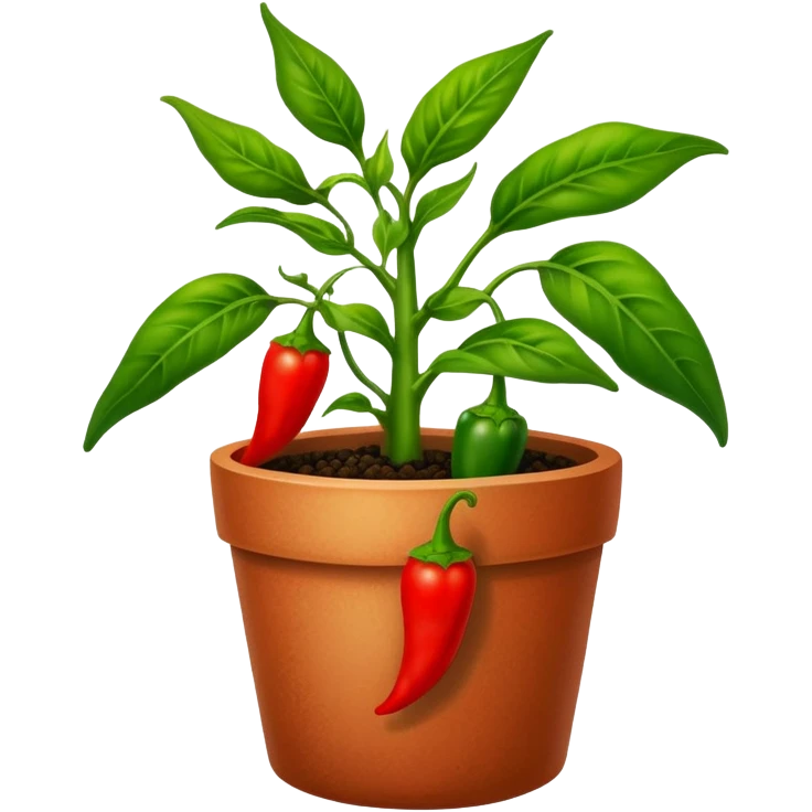 Potted green pepper plant with small red peppers growing on it emoji