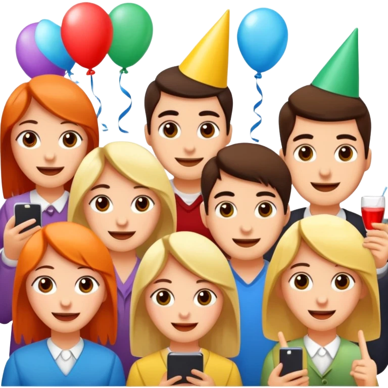 Party quiz with happy people no phone writing blocks empty eyes emoji