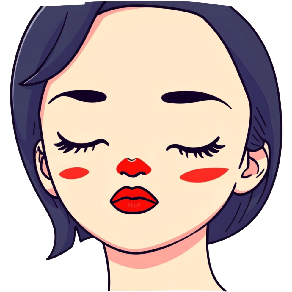 Cute girl with black hair and red lipstick kiss marks on her face emoji