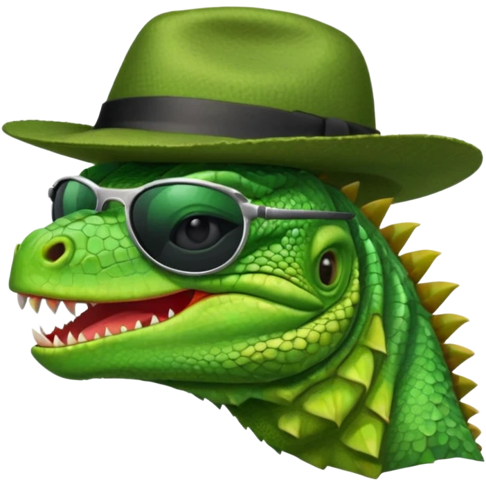 capitalist iguana head with black reflex sunglasses and hat smiling sarcastically emoji