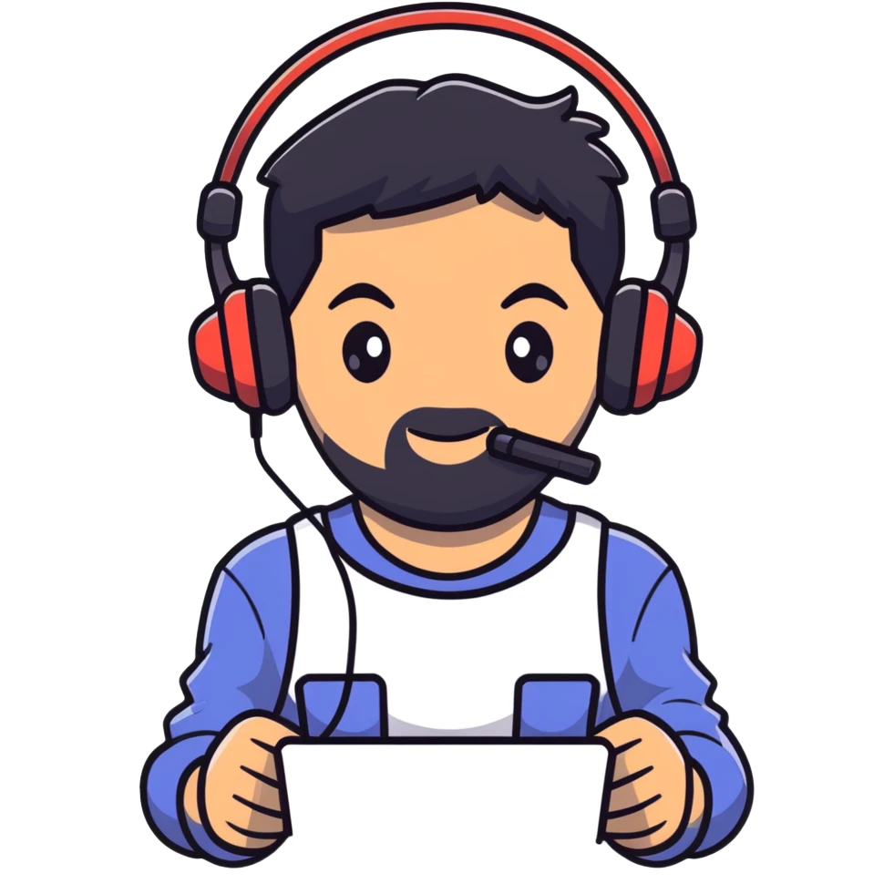 laughing man with black hair, brown eyes, black beard wearing gaming headset emoji