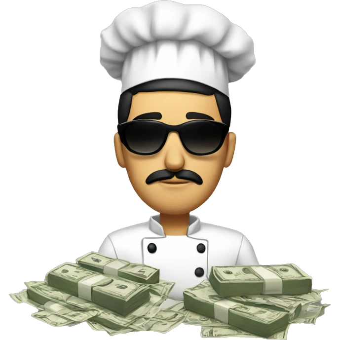 mexican men with black sunglasses, black short hair, dressed as chef, very sad, with dollars in one hand and food on the other emoji