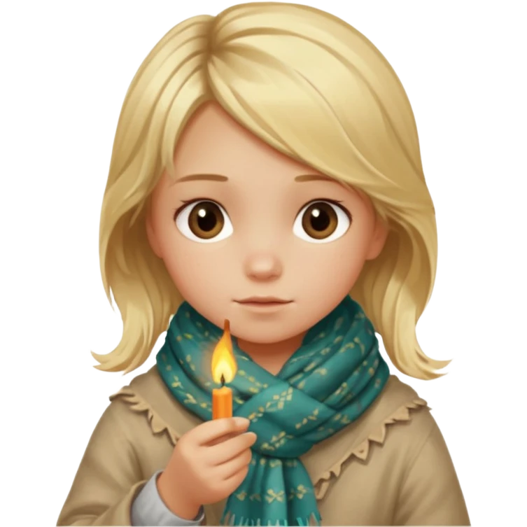 A little girl with messy blonde hair, wrapped in a thin scarf, lighting a match with shaky hands as warm light reflects in her eyes.
 emoji