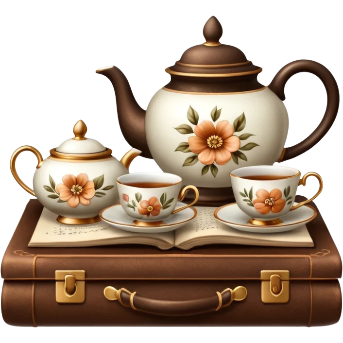 A beautiful vintage tea set stands on a brown book emoji