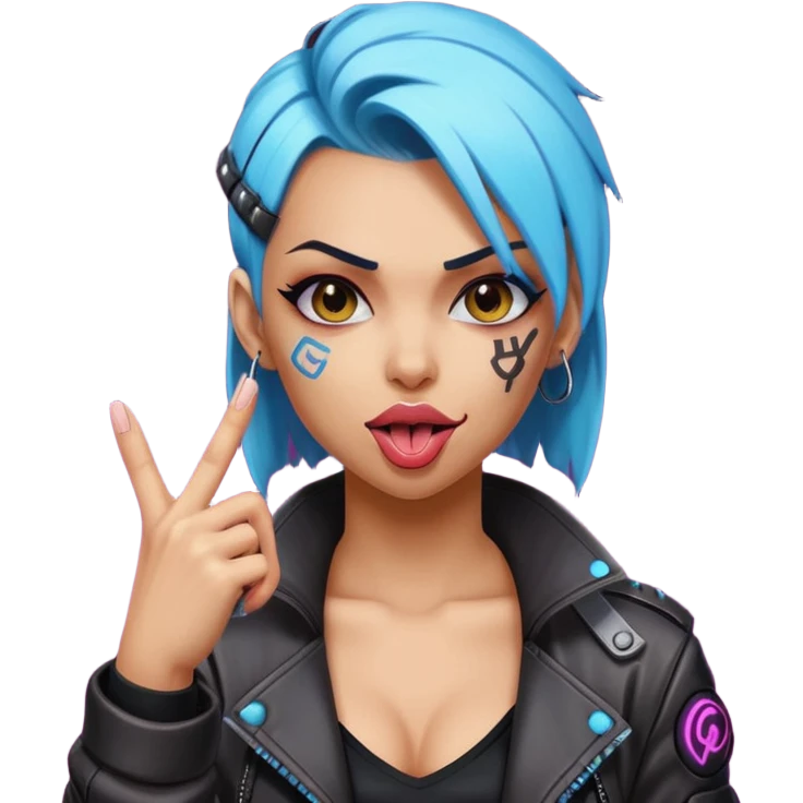 Woman with her tongue out in cyberpunk clothing and giving the middle finger. Looking naughty. emoji