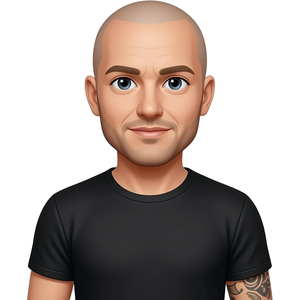 man with no hairs and black t shirt and tatoo on his body emoji