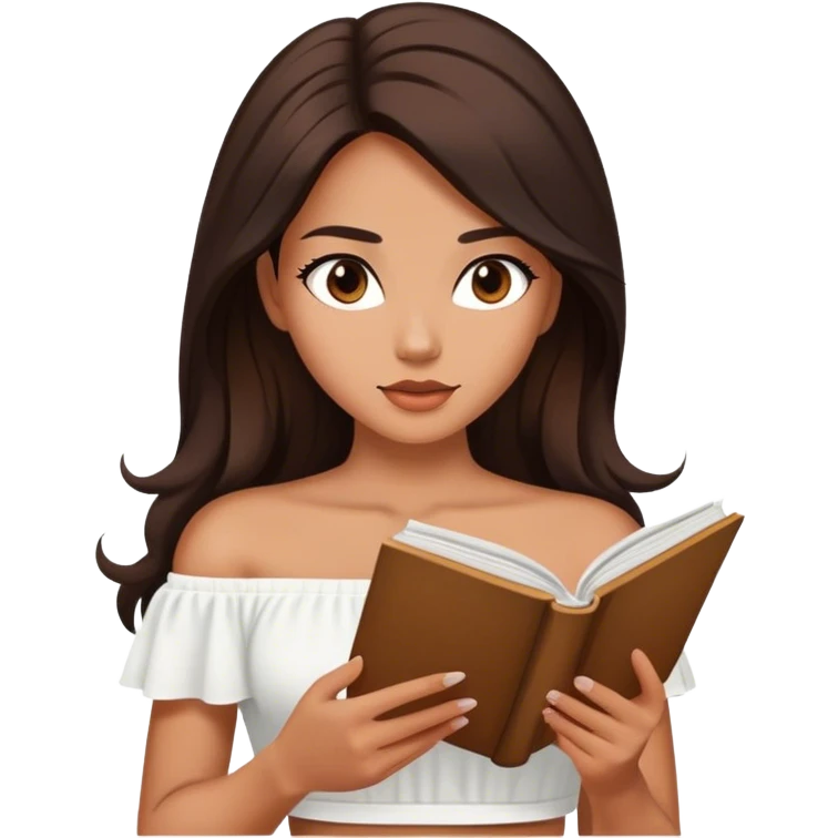 Beautiful woman in 1950’s woman fashion look, off-shoulder white shirts crop top, long dark brown hair, reading emoji