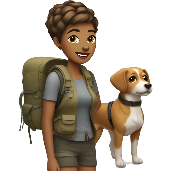 Light brown woman pixie cut hair hiking with dog emoji