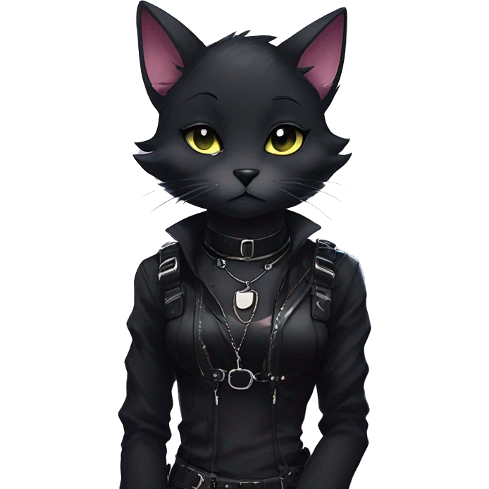 Gorgeous furry dark punk techwear anime style anthro black cat fursona with blushing face aesthetic and pretty edgy black with collar and harness trending style emoji