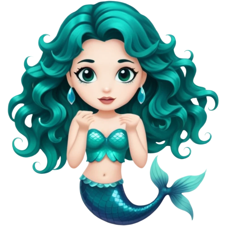 A withe skin mermaid with black wavy hair and black eyes ( tourquise syrup) emoji