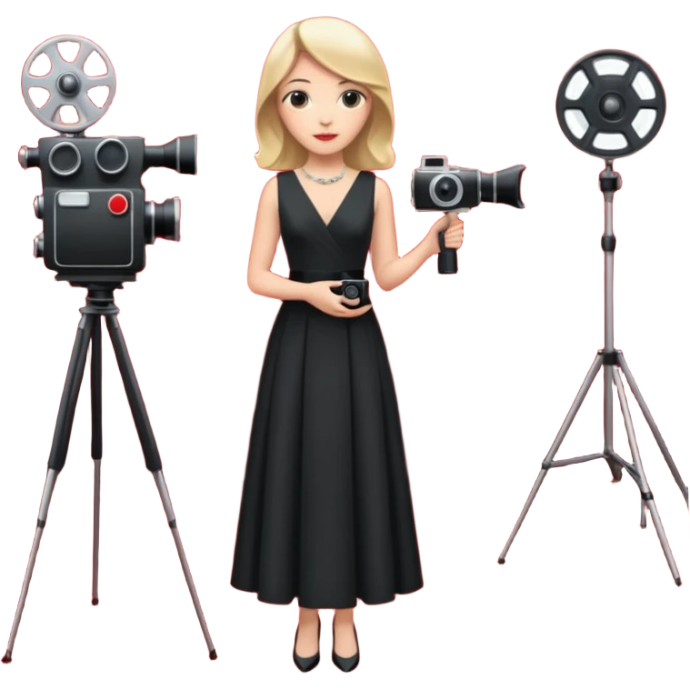 an actress standing on a red carpet with a formal dress, with a film camera next to her. emoji