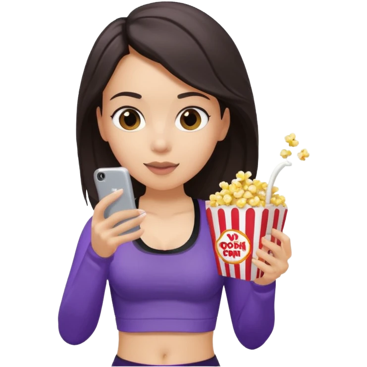 Brunette light skin girl with black sports bra and grey sweatpants on her phone while eating popcorn from a purple popcorn bag emoji