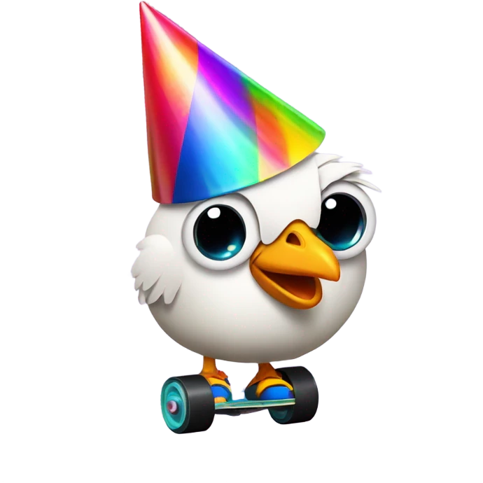 Chicken in a party hat in roller skates  emoji
