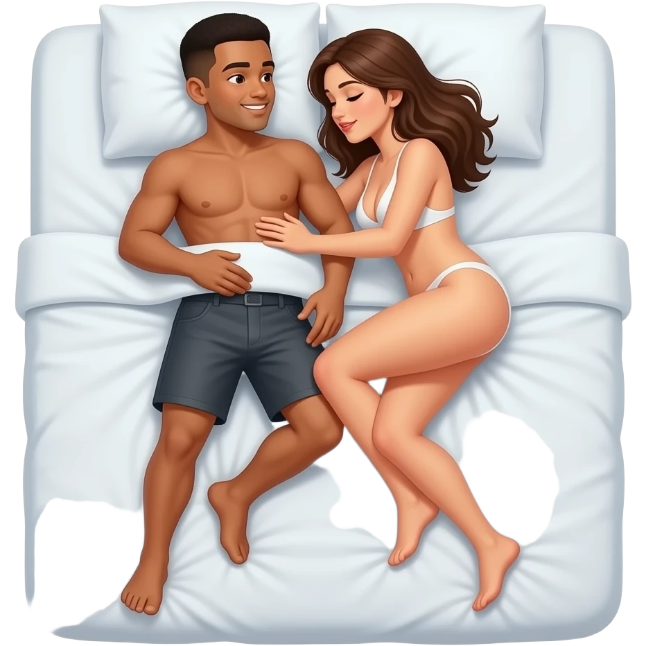 naked mixed man fucks naked woman. Botha of them are having sex on the bed. Action is showed in full height emoji