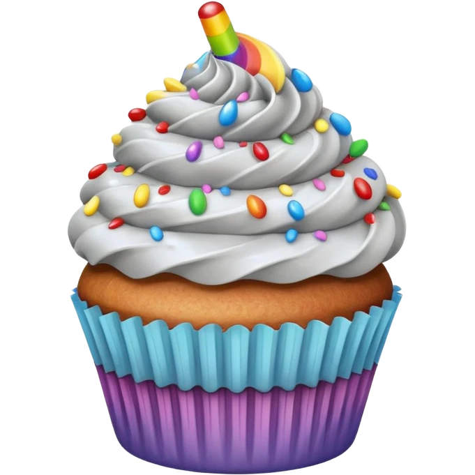cupcake with silver frosting and rainbow sprinkles emoji