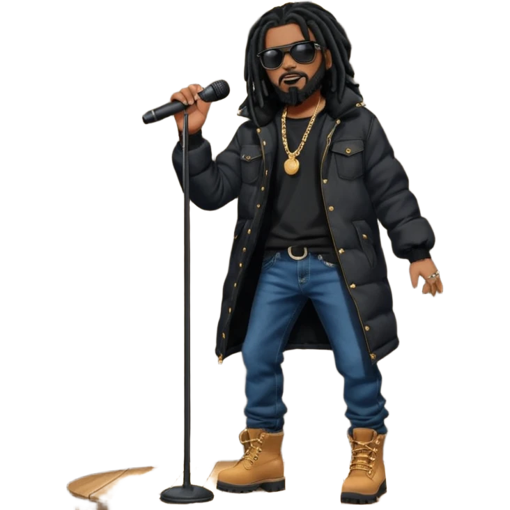 African American man with shoulder length black dreadlocks with black beard wearing dark black sunglasses wearing a black bubble coat wearing denim skinny jeans and timberland boots rapping into a microphone on stage emoji