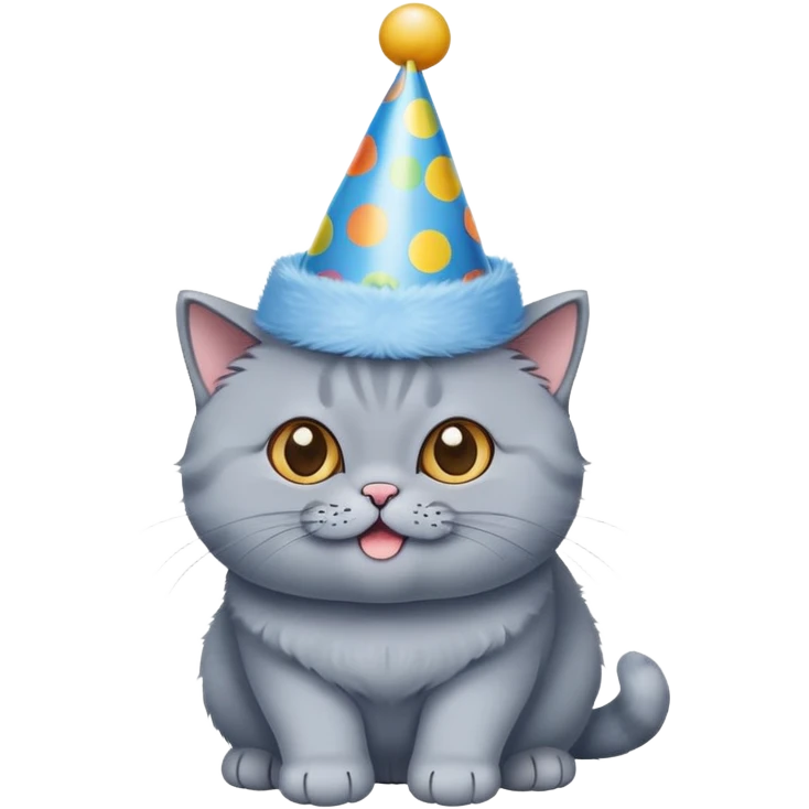 British shorthair blue cat happily wears a birthday hat emoji