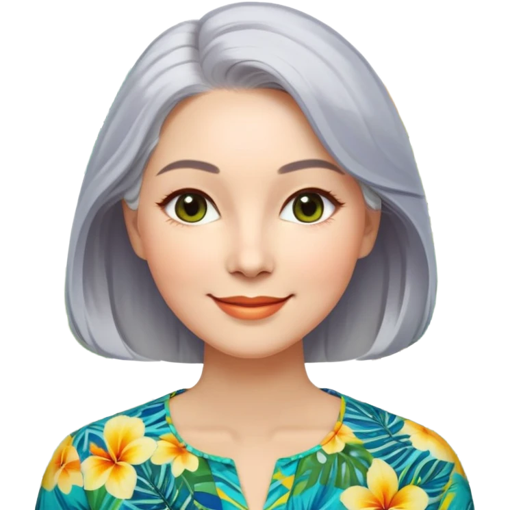 A woman with light complexion, an oval face with soft rounded features, full cheeks, gentle almond-shaped eyes with subtle smile lines, silver-gray hair parted to the side and styled loosely, wearing a vibrant tropical print blouse in blue, green, and yellow, exuding warmth and joy. emoji