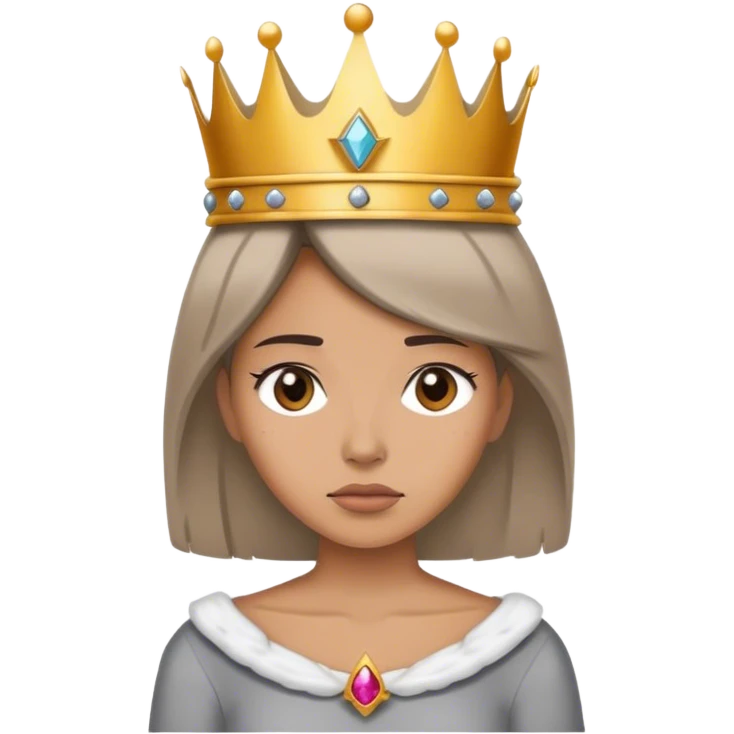 A woman in a simple outfit, holding a fallen crown, dull expression, gray background. emoji