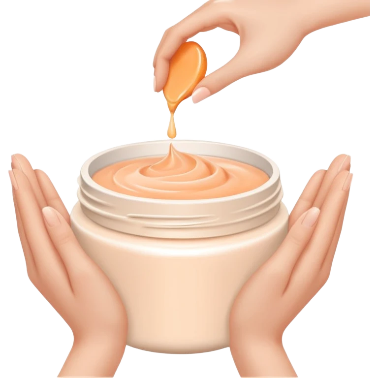 Minimal emoji of hands gently applying skincare cream, soft nude and peach tones, clean beauty aesthetic, calm and elegant, subtle glow emoji