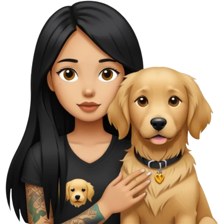 girl with long black  straight hair and tattoos and  a golden retriever emoji
