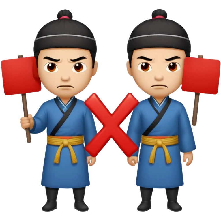 qing empire man who is of han ethnicity who looks angry that is holding a sign that has a red x on it to another man who is not han ethnicity who looks sad emoji