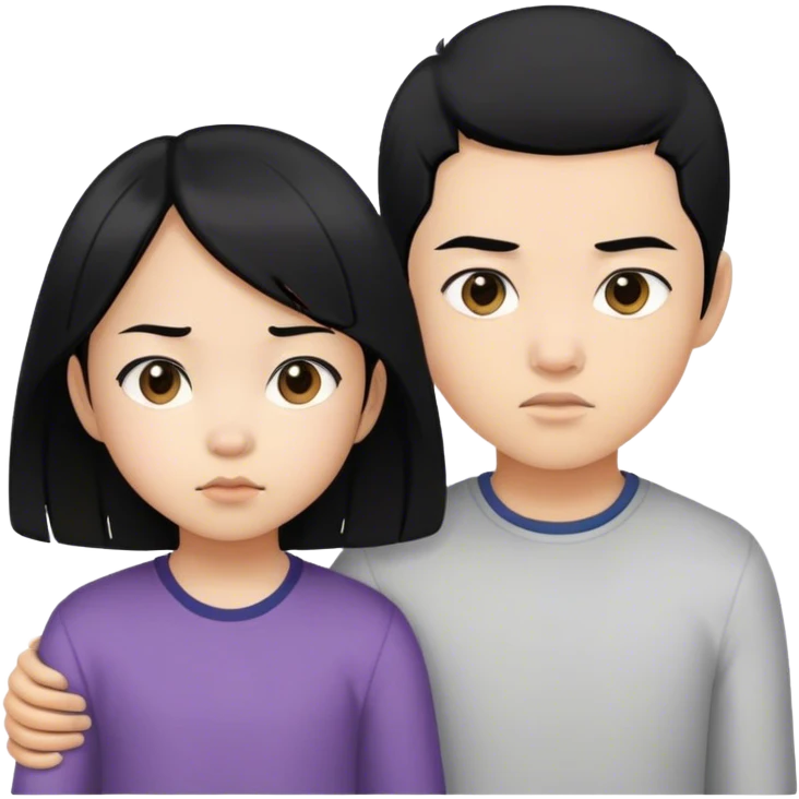 Emoji of a determined, North Korean defector, must be asian girl with her little brother, both must have black hair emoji