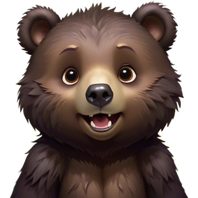 Cinematic Comical bear cub Portrait Emoji, Head tilted dramatically with an exaggeratedly amused expression, featuring a striking, glossy dark brown fur with bold fur texture, wide, expressive eyes filled with playful disbelief, Simplified yet hilariously expressive features, highly detailed, glowing with a slightly sassy glow, high shine, dramatic yet playful, stylized with an air of cheeky wilderness mischief, bright and endearing, soft glowing outline, capturing the essence of a spirited and over-the-top bear cub, so meme-worthy it feels like it could roar its way into internet fame instantly! emoji