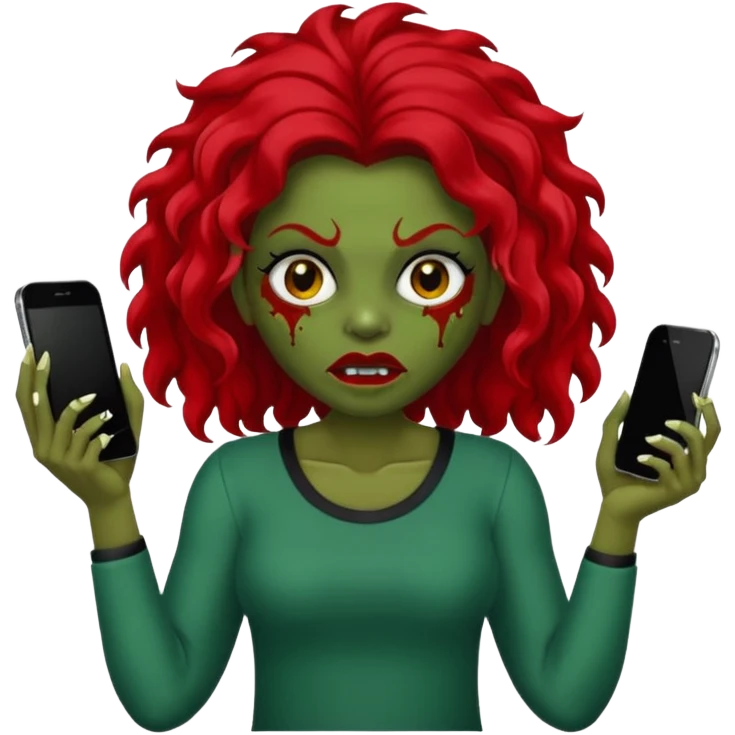 Faça me um emoji de um zumbi mulher de cabelos vermelho escuro longos ondulado usando uma blusa preta, faça no estilo iphone, o tom de pele dela tem que ser verde  emoji