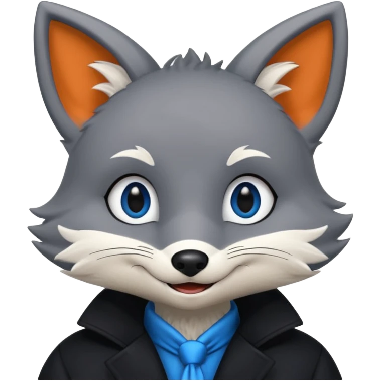 Grey anthropomorphic furry fox with a black coat, blue eyes, and a small fringe of black hair, smiling emoji