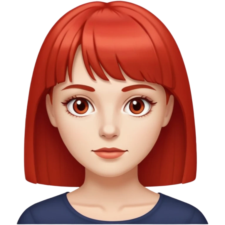 Uma mulher branca, com olhos castanhos claros, franja acima das sombrancelhas, sombrancelhas finas e retas, com o cabelo médio e tingido de vermelho puro emoji