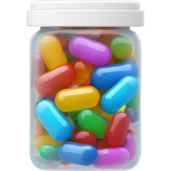 Small translucent plastic container with colorful pills inside emoji