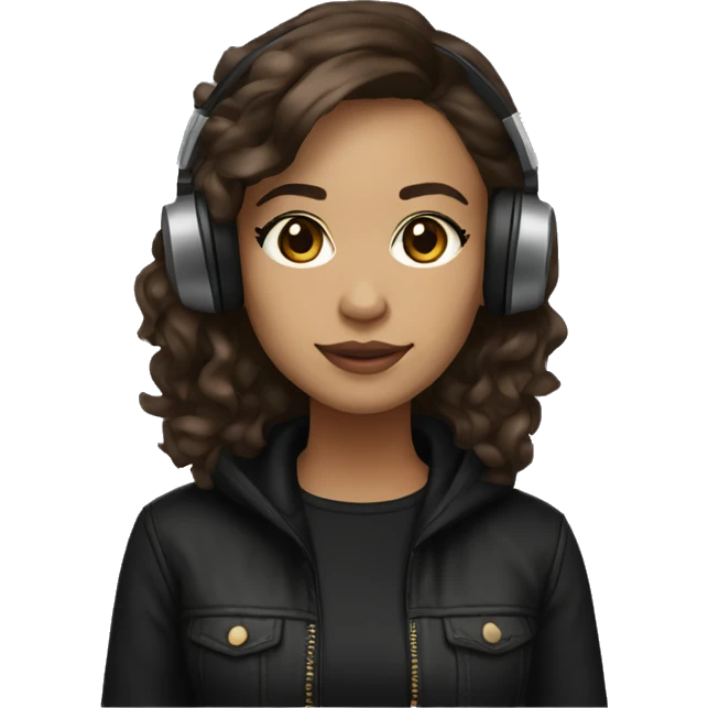 female dj, light skin, dark brown slightly wavy hair, black clothes, brown eyes emoji