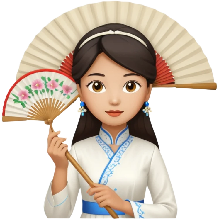 a vietnamese woman wearing a white ao dai holding a folding fan elegantly, wearing a nón lá emoji