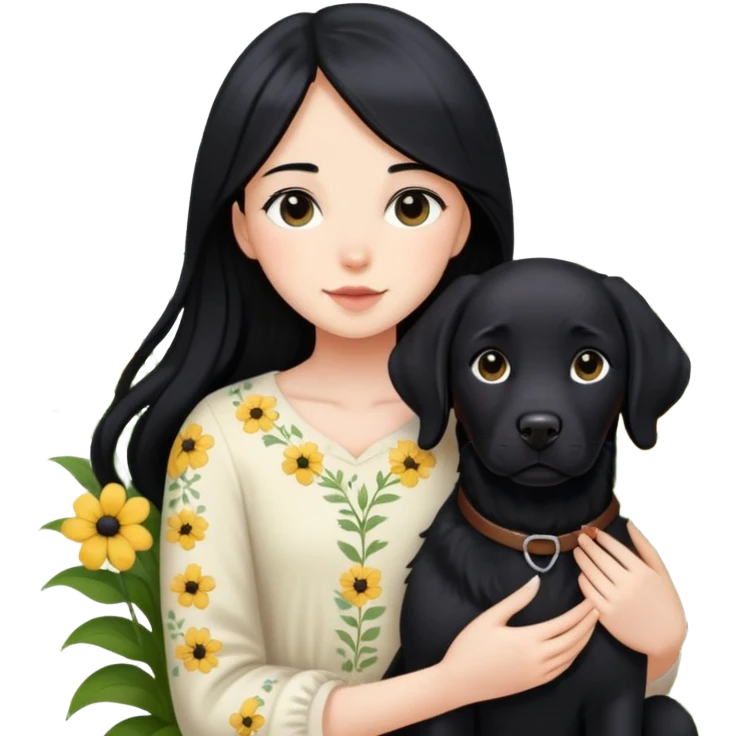 A girl with long black hair is holding a black Labrador in the flowers emoji