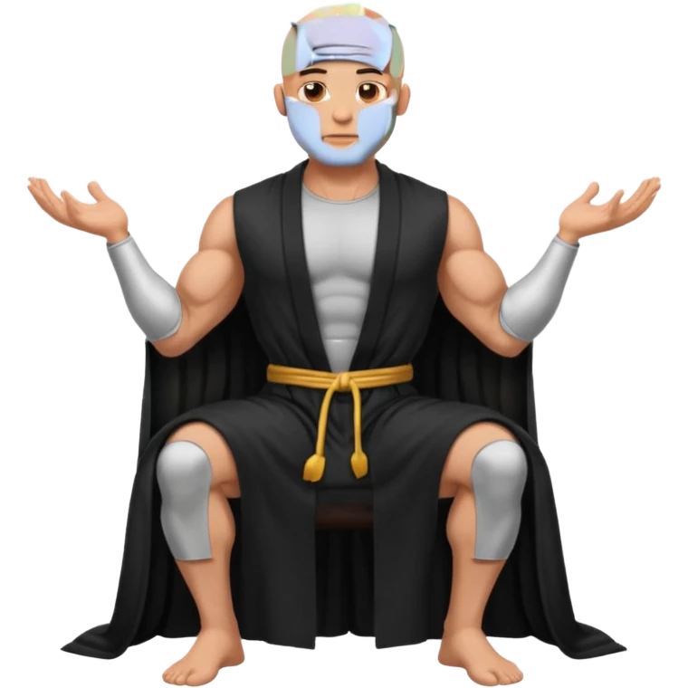fullbody jacked bald guy, sleeveless and unbuttoned in full black robe sitting emoji