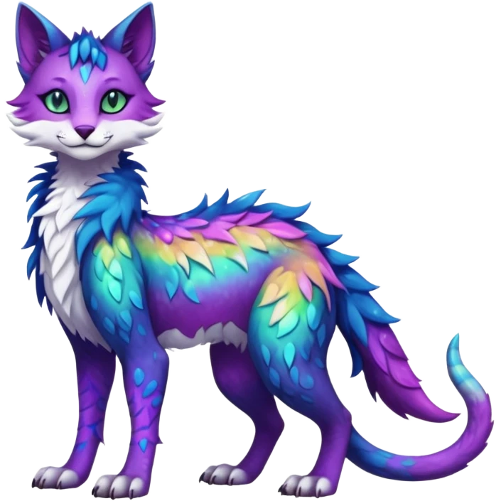 Kawaii iridescent beautiful pretty elegant divine edgy fantasy feline-vernid-sergal-fursona-animal-creature with accessories, full body with intricate markings  emoji