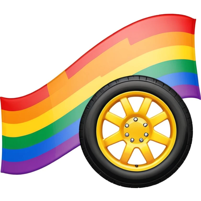 LGBT pride flag background with vibrant colors, black realistic tire skid marks crossing the flag, bold clear marks, high contrast stylized emoji style emoji